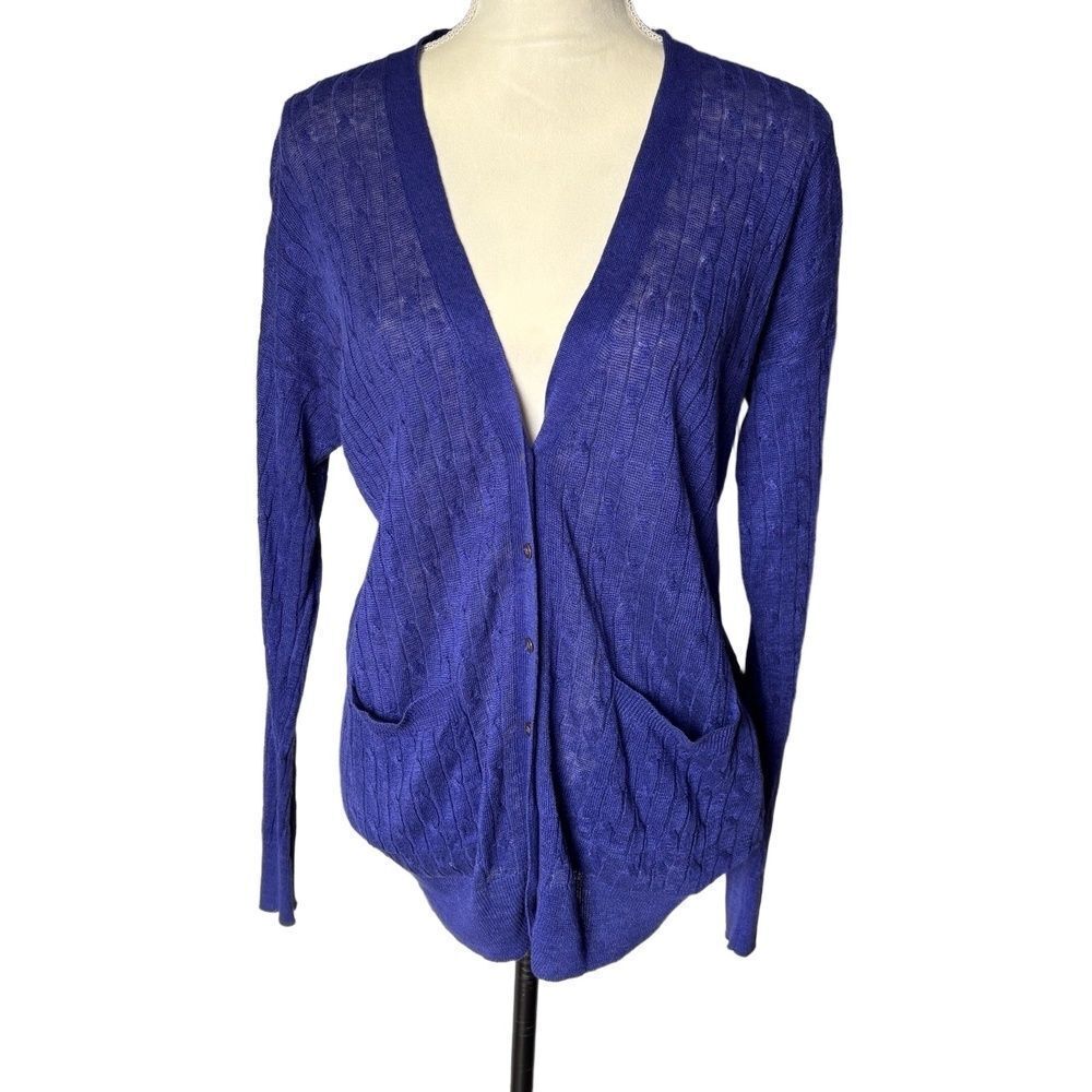 J Crew Cardigan Linen Indigo Purple CableKnit V Neck Button Front Cozy Layering